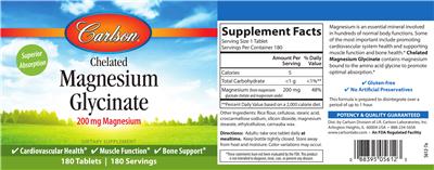 Photo of the Carlson Chelated Magnesium Glycinate 200 mg label