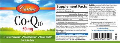 Photo of the Carlson Co-Q10 50 mg label