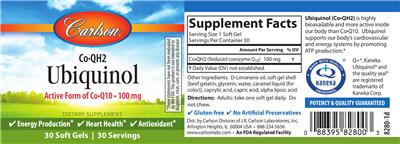 Photo of the Carlson Co-QH2 Ubiquinol 100 mg label