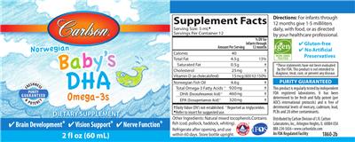 Photo of the Carlson Baby's DHA Omega-3s label