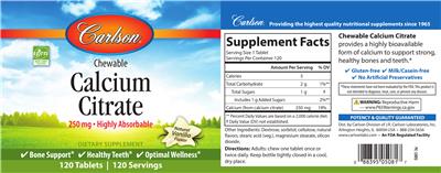 Photo of the Carlson Chewable Calcium Citrate 250 mg Natural Vanilla Flavor label