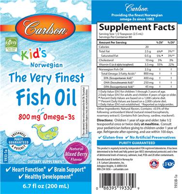 Photo of the Carlson Kid's The Very Finest Fish Oil Natural Mixed Berry Flavor label