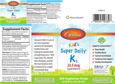 Photo of the Carlson Kid's Super Daily K2 22.5 mcg label