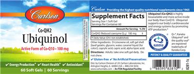 Photo of the Carlson Co-QH2 Ubiquinol 100 mg label