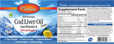 Photo of the Carlson Cod Liver Oil Gems Natural Lemon Flavor label