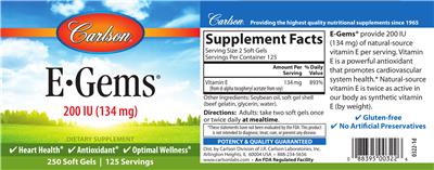 Photo of the Carlson E-Gems 200 IU (134 mg) label