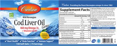 Photo of the Carlson Cod Liver Oil Gems Natural Lemon Flavor label