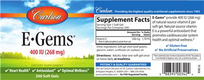Photo of the Carlson E-Gems 400 IU (268 mg) label