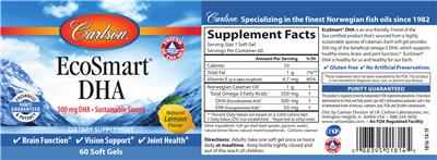 Photo of the Carlson EcoSmart DHA 500 mg Natural Lemon Flavor label