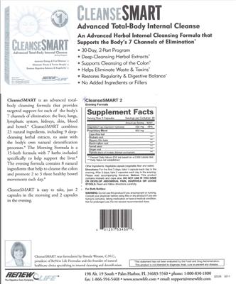 Photo of the Renew Life CleanseSmart Advanced Total-Body Internal Cleanse 30-Day Program label