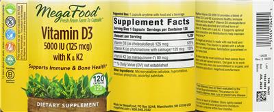 Photo of the MegaFood Vitamin D3 5000 IU (125 mcg) label