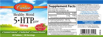 Photo of the Carlson Healthy Mood 5-HTP Elite 100 mg Natural Raspberry Flavor label