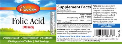 Photo of the Carlson Folic Acid 800 mcg label