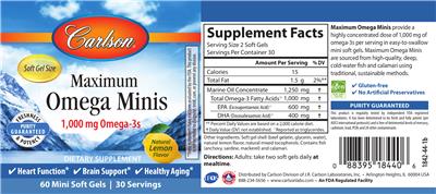 Photo of the Carlson Maximum Omega Minis Natural Lemon Flavor label