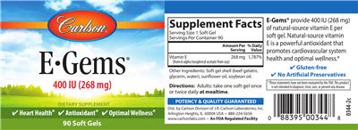 Photo of the Carlson E-Gems 400 IU (268 mg) label