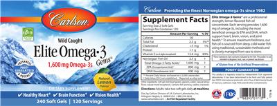 Photo of the Carlson Elite Omega-3 Gems 1,600 mg Natural Lemon Flavor label