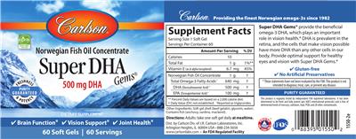 Photo of the Carlson Super DHA Gems 500 mg label