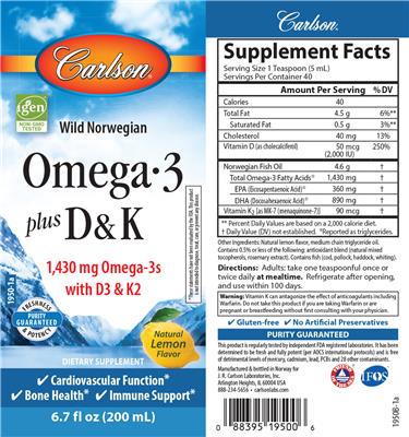 Photo of the Carlson Omega-3 1,430 mg plus D & K Natural Lemon Flavor label