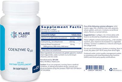 Photo of the Klaire Labs Coenzyme Q10 100 mg label