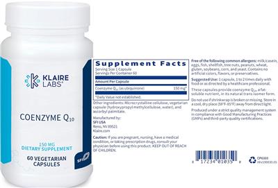 Photo of the Klaire Labs Coenzyme Q10 150 mg label