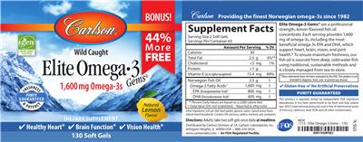 Photo of the Carlson Elite Omega-3 Gems 1,600 mg Natural Lemon Flavor label