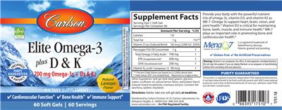 Photo of the Carlson Elite Omega-3 plus D & K Natural Lemon Flavor label