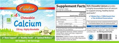 Photo of the Carlson Kid's Chewable Calcium 250 mg Natural Vanilla Flavor label