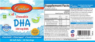 Photo of the Carlson Kid's Chewable DHA 100 mg Bursting Orange Flavor! label