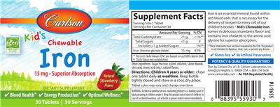 Photo of the Carlson Kid's Chewable Iron 15 mg Natural Strawberry Flavor label