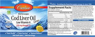 Photo of the Carlson Cod Liver Oil Gems Natural Lemon Flavor label