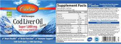 Photo of the Carlson Cod Liver Oil Gems Super 1,000 mg with 10 mcg (400 IU) D3 label