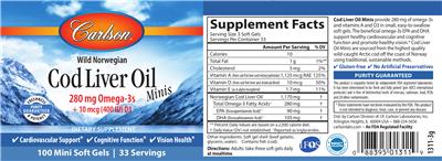 Photo of the Carlson Cod Liver Oil Minis label