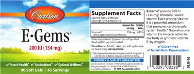 Photo of the Carlson E-Gems 200 IU (134 mg) label