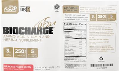 Photo of the AdvoCare BioCharge Peach & Mixed Berry label