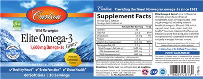 Photo of the Carlson Elite Omega-3 Gems 1,600 mg Natural Lemon Flavor label