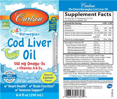 Photo of the Carlson Kid's Norwegian Cod Liver Oil Natural Lemon Flavor label