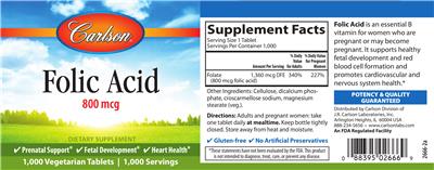Photo of the Carlson Folic Acid 800 mcg label