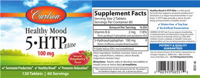 Photo of the Carlson Healthy Mood 5-HTP Elite 100 mg Natural Raspberry Flavor label