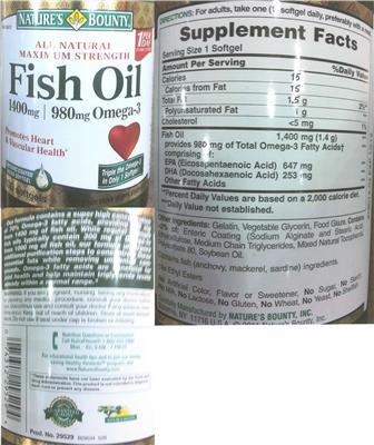Photo of the Nature's Bounty All Natural Maximum Strength Fish Oil 1400 mg label