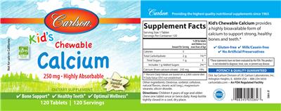 Photo of the Carlson Kid's Chewable Calcium 250 mg Natural Vanilla Flavor label