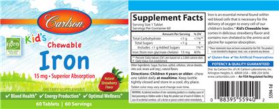 Photo of the Carlson Kid's Chewable Iron 15 mg Natural Strawberry Flavor label