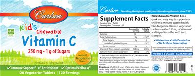 Photo of the Carlson Kid's Chewable Vitamin C 250 mg Natural Tangerine Flavor! label