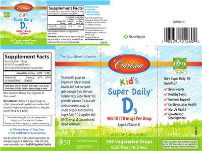Photo of the Carlson Kid's Super Daily D3 400 IU (10 mcg) label