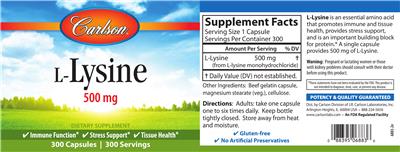 Photo of the Carlson L-Lysine 500 mg label