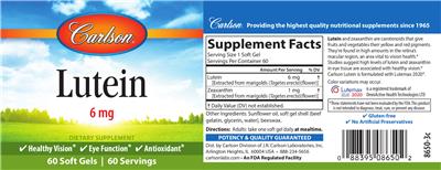 Photo of the Carlson Lutein 6 mg label