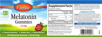 Photo of the Carlson Melatonin Gummies 2.5 mg Natural Strawberry Flavor label
