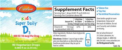 Photo of the Carlson Kid's Super Daily D3 400 IU (10 mcg) label