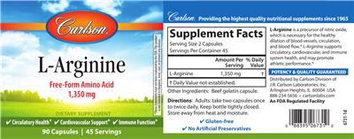 Photo of the Carlson L-Arginine 1,350 mg label