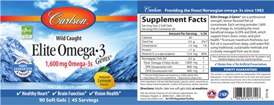 Photo of the Carlson Elite Omega-3 Gems 1,600 mg Natural Lemon Flavor label