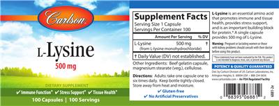 Photo of the Carlson L-Lysine 500 mg label